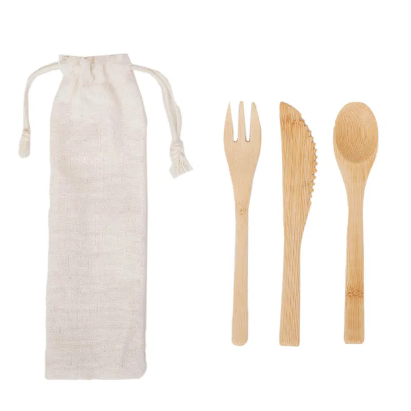 Set Cutlery Bamboo bambú natural funda de tela Set Cutlery Bamboo bambú natural funda de tela