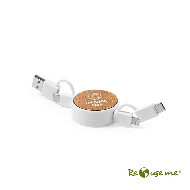 Cable Merge 4 - 1 madera de coco, 80 cm personalizado con logo empresa - Cables de Carga corporativo Chile