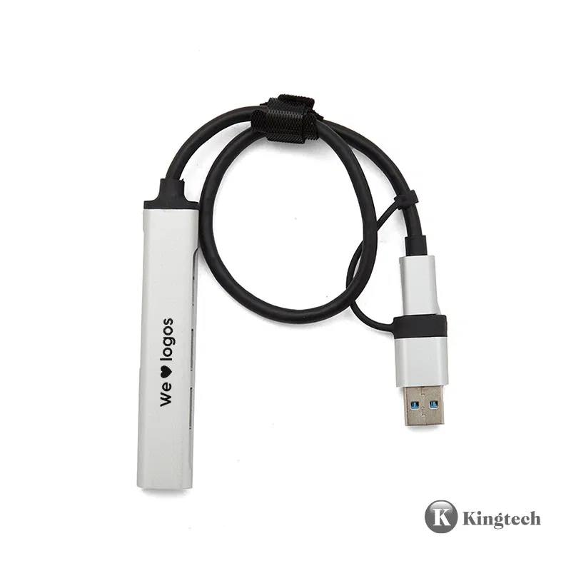 Hub USB corporativo personalizado con grabado láser empresarial conectando múltiples dispositivos oficina