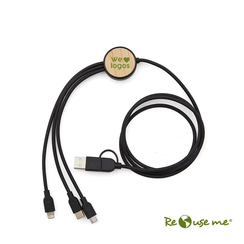 Cable 3 En 1 Bamboo bambú, Lightning/USB-C personalizado con logo empresa - Merchandising corporativo Chile