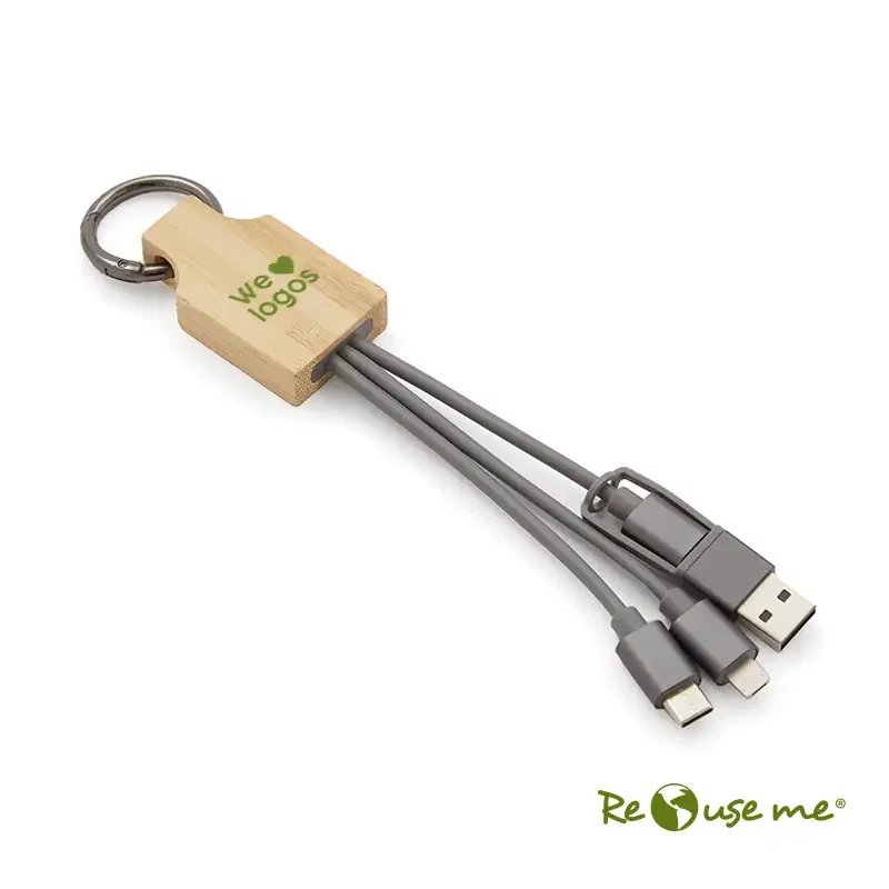 Cable 3 En 1 Ryze bambú y aluminio 12 cm personalizado con logo empresa - Merchandising corporativo Chile