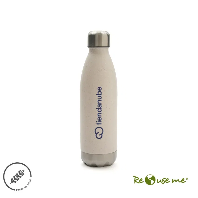 Botella Kimi con ejemplo de personalización. Botella de color beige con tapa de acero inoxidable, en posición vertical con área de marcaje visible.