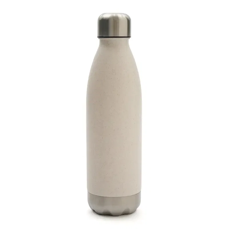 Botella beige en posición vertical, resaltando su diseño minimalista y elegante.