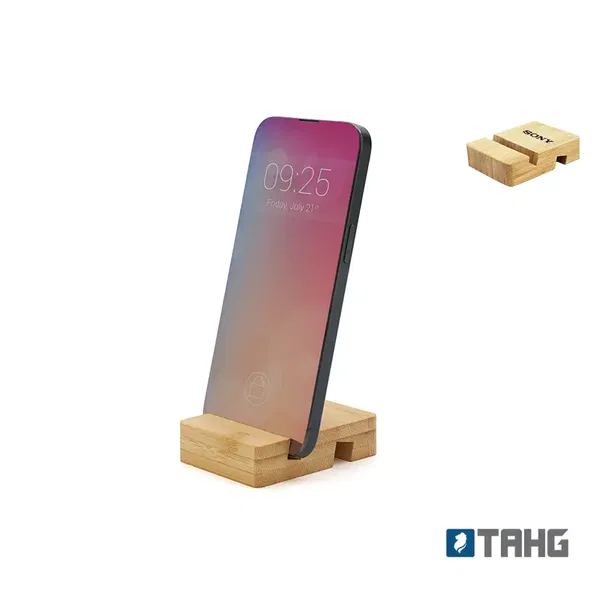 Base That bambú con ranuras para teléfono personalizado con logo empresa - Merchandising corporativo Chile