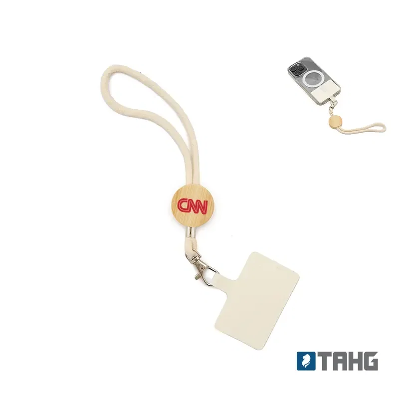 Correa Para Celular Wrist bambú y gancho metálico personalizado con logo empresa - Merchandising corporativo Chile