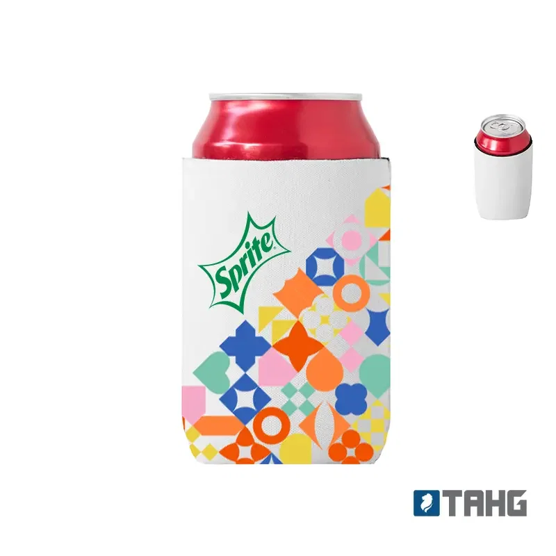 Packshot principal de la funda para latas. Funda para latas con diseño colorido y área de marcaje visible.