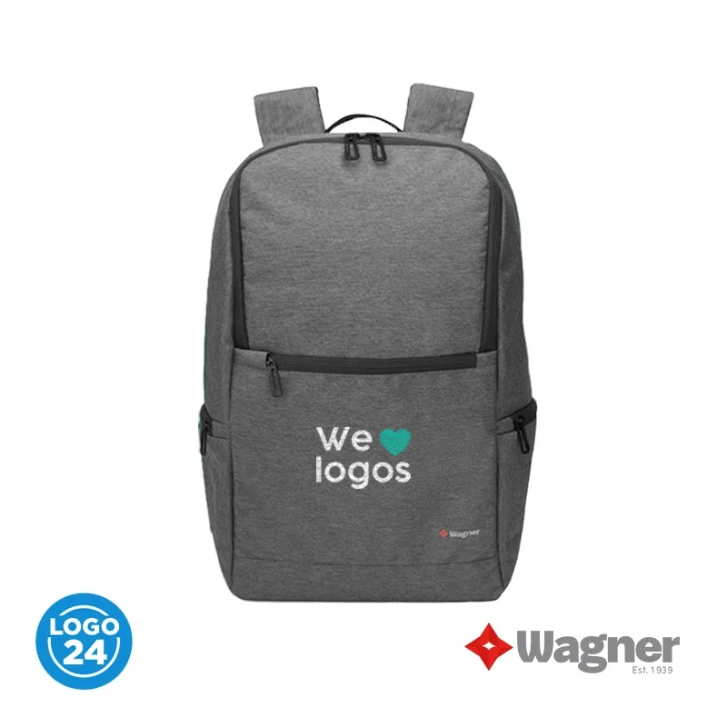 Mochila con ejemplo de personalización. Mochila gris con diseño de personalización visible en la parte frontal.