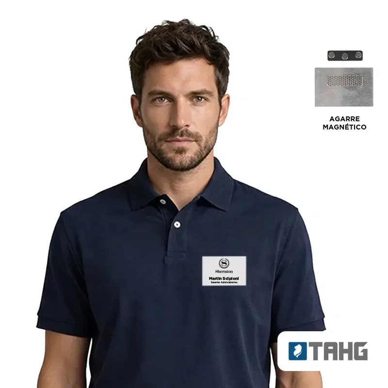 Name Tag Alloy aluminio magnético personalizado con logo empresa - Lanyards y Porta Credenciales corporativo Chile