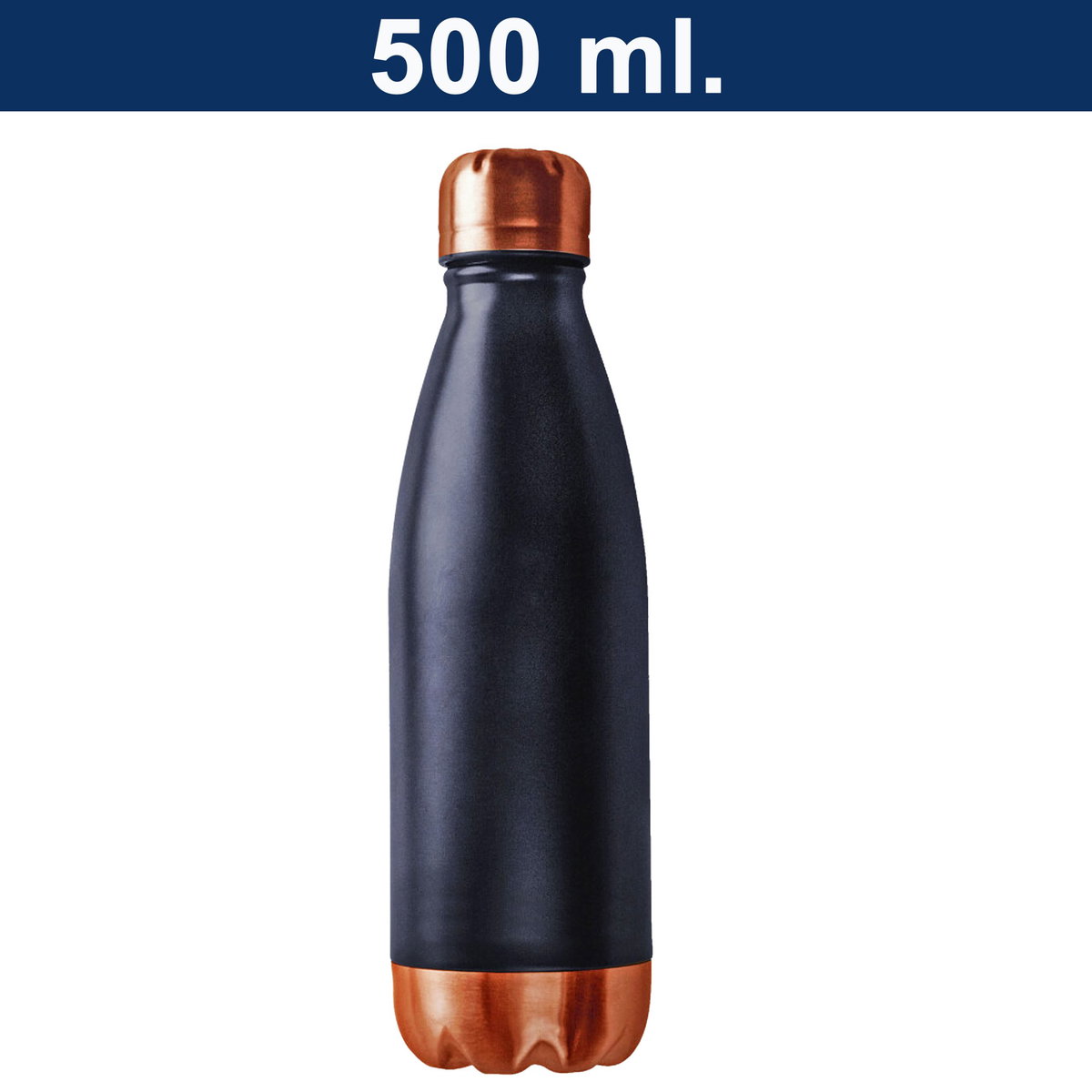 Botella térmica de acero inoxidable negra, 500 ml, con detalles en cobre.