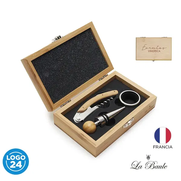Set De Vino Laroche bambú y metal personalizado con logo empresa - Sets de Vino corporativo Chile
