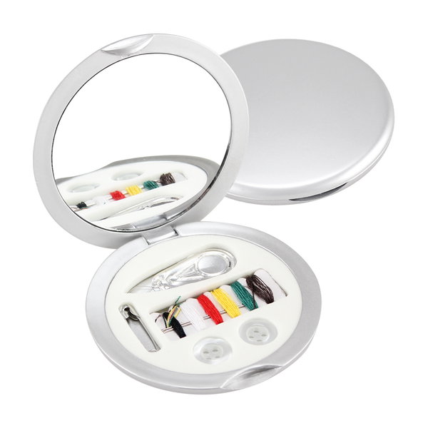 Set De Costura Con Espejo redondo, caja plateada personalizado con logo empresa - Merchandising corporativo Chile