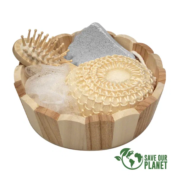 Canasto Spa Redondo madera Ø 17 x 5 cm personalizado con logo empresa - Sets de Cuidado Personal corporativo Chile