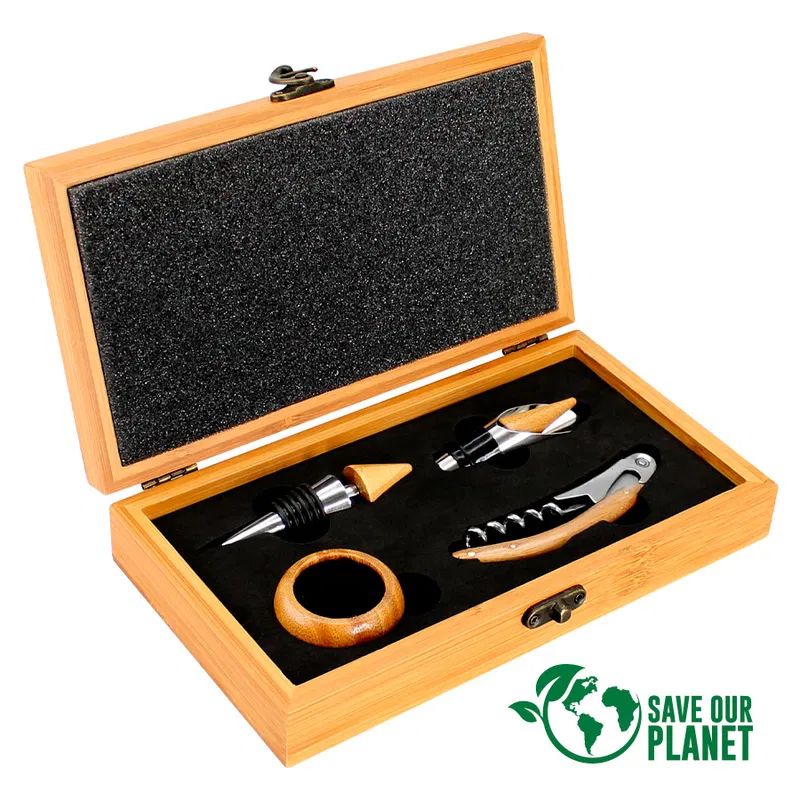 Set De Vino De Bamboo caja bambú 4 piezas