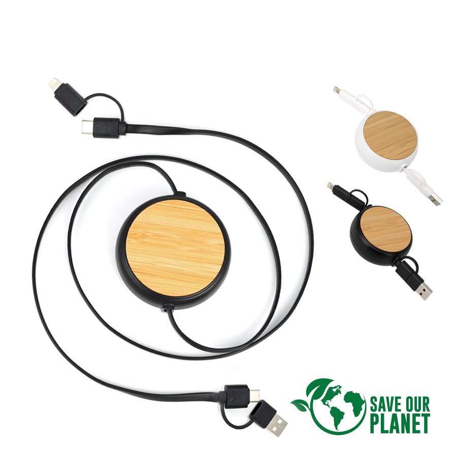 Multicargador Retráctil 4 En 1 Connect bambú personalizado con logo empresa - Cables Multicarga corporativo Chile