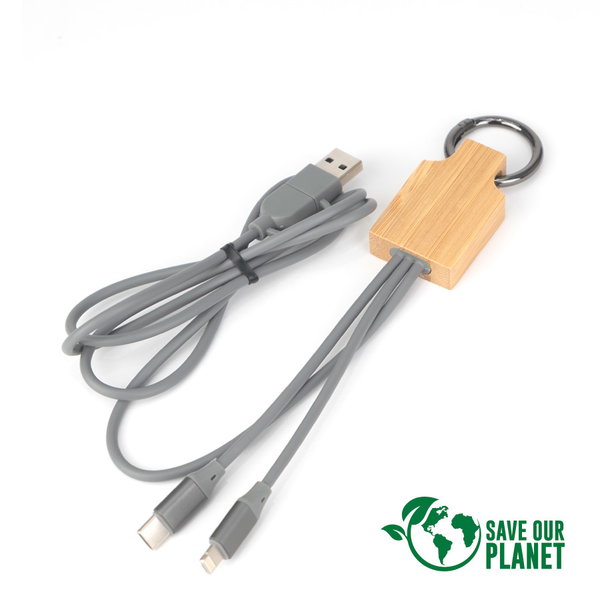 Multicargador 4 En 1 Connect bambú, 3 cables personalizado con logo empresa - Merchandising corporativo Chile
