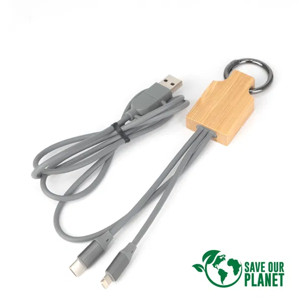 Multicargador 4 En 1 Connect bambú, 3 cables personalizado con logo empresa - Cables Multicarga corporativo Chile