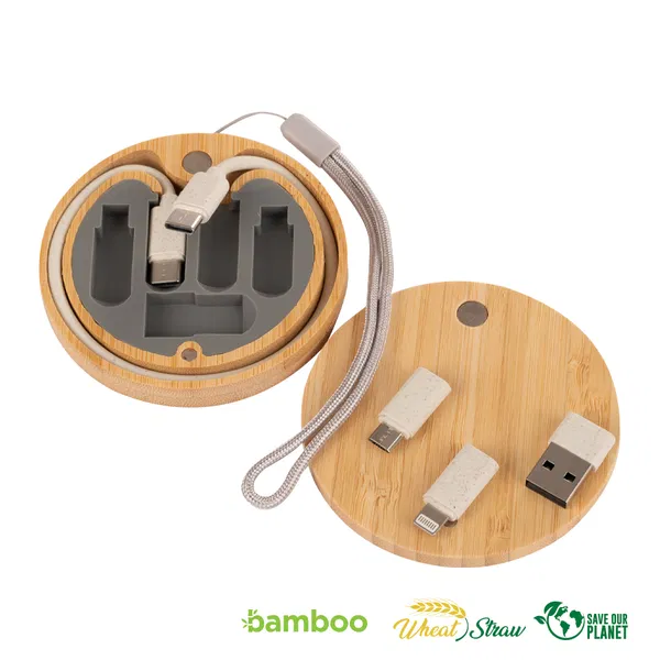 Multicargador 6 En 1 Connect bambú, tapa imantada personalizado con logo empresa - Cables Multicarga corporativo Chile