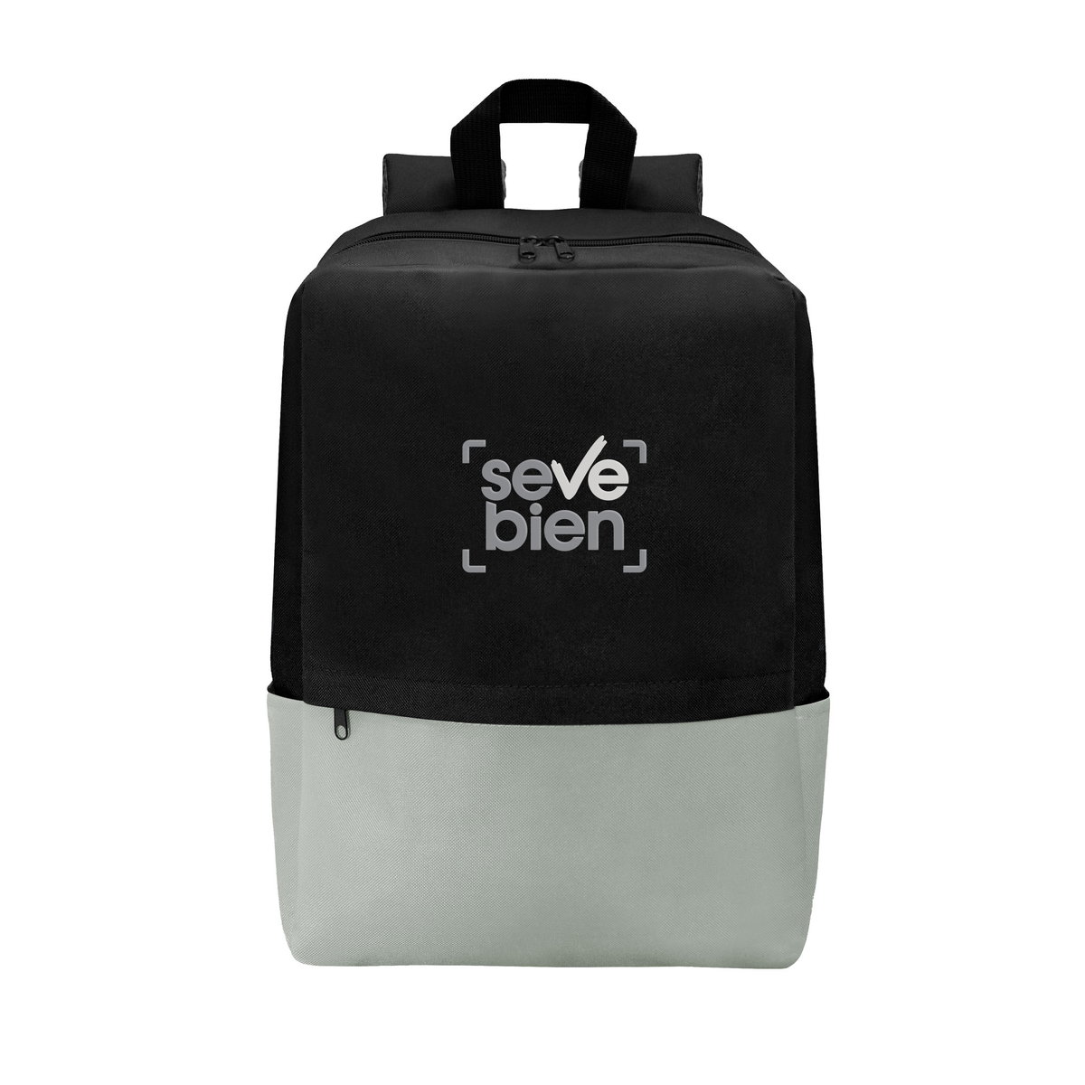Mochila con diseño moderno y personalizable. Mochila de color negro y gris, vista frontal, con área de marcaje visible.