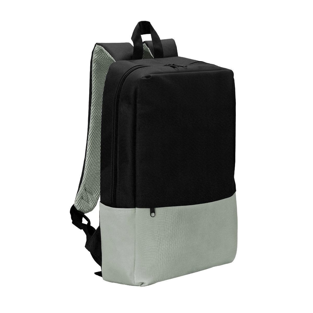 Mochila negra y gris desde un ángulo lateral, revelando su diseño elegante.
