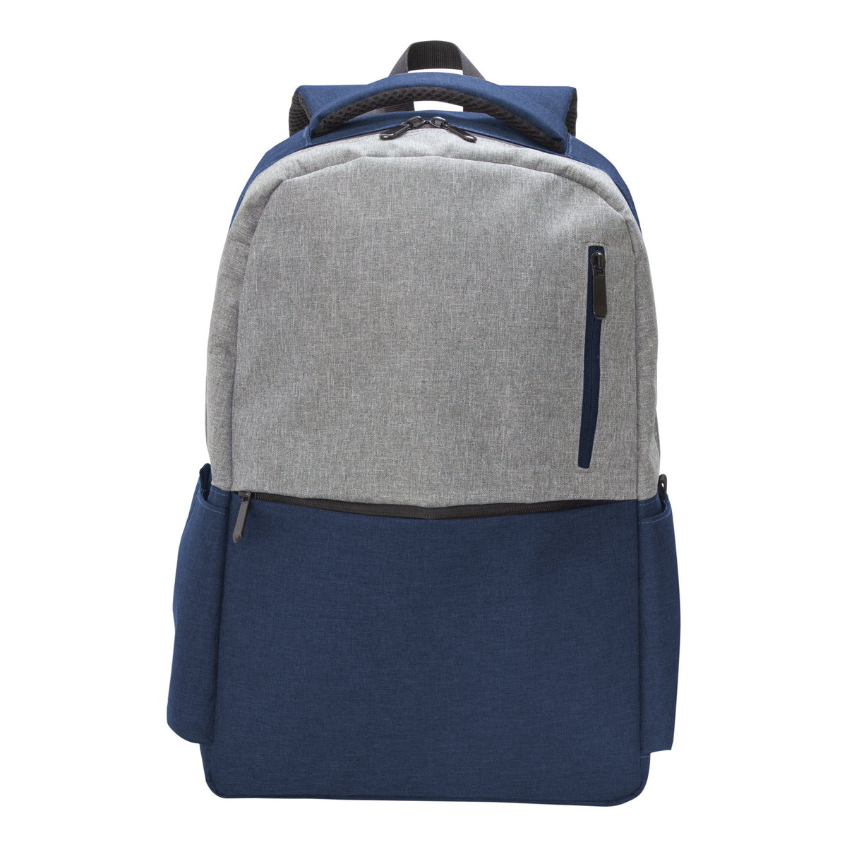 Mochila gris y azul vista frontal sin personalización.