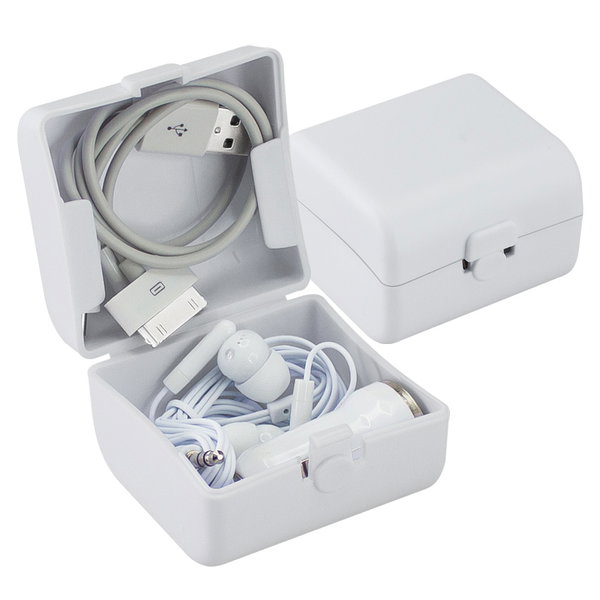 Kit De Carga Y Audio plástico rígido blanco personalizado con logo empresa - Merchandising corporativo Chile