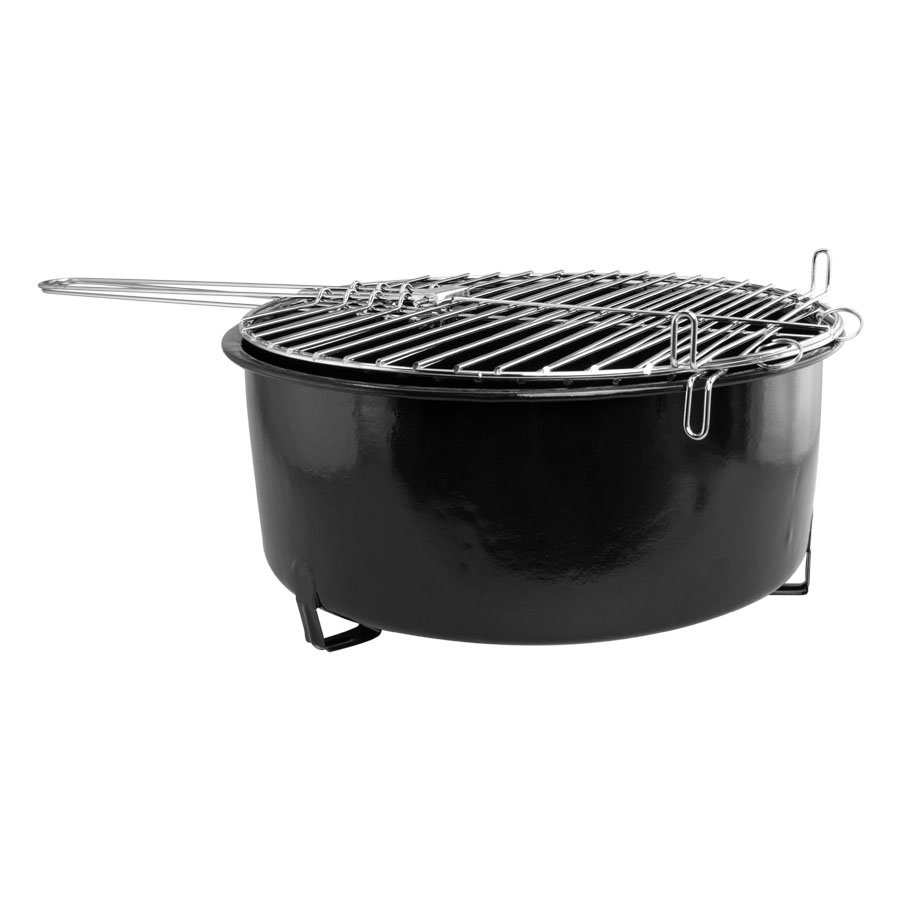 Parrilla negra con rejilla metálica, vista lateral en fondo blanco.