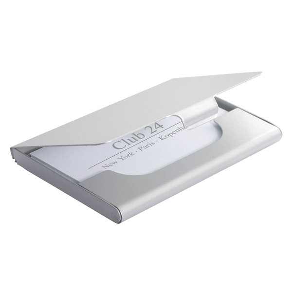 Tarjetero De Aluminio tapa abatible personalizado con logo empresa - Merchandising corporativo Chile