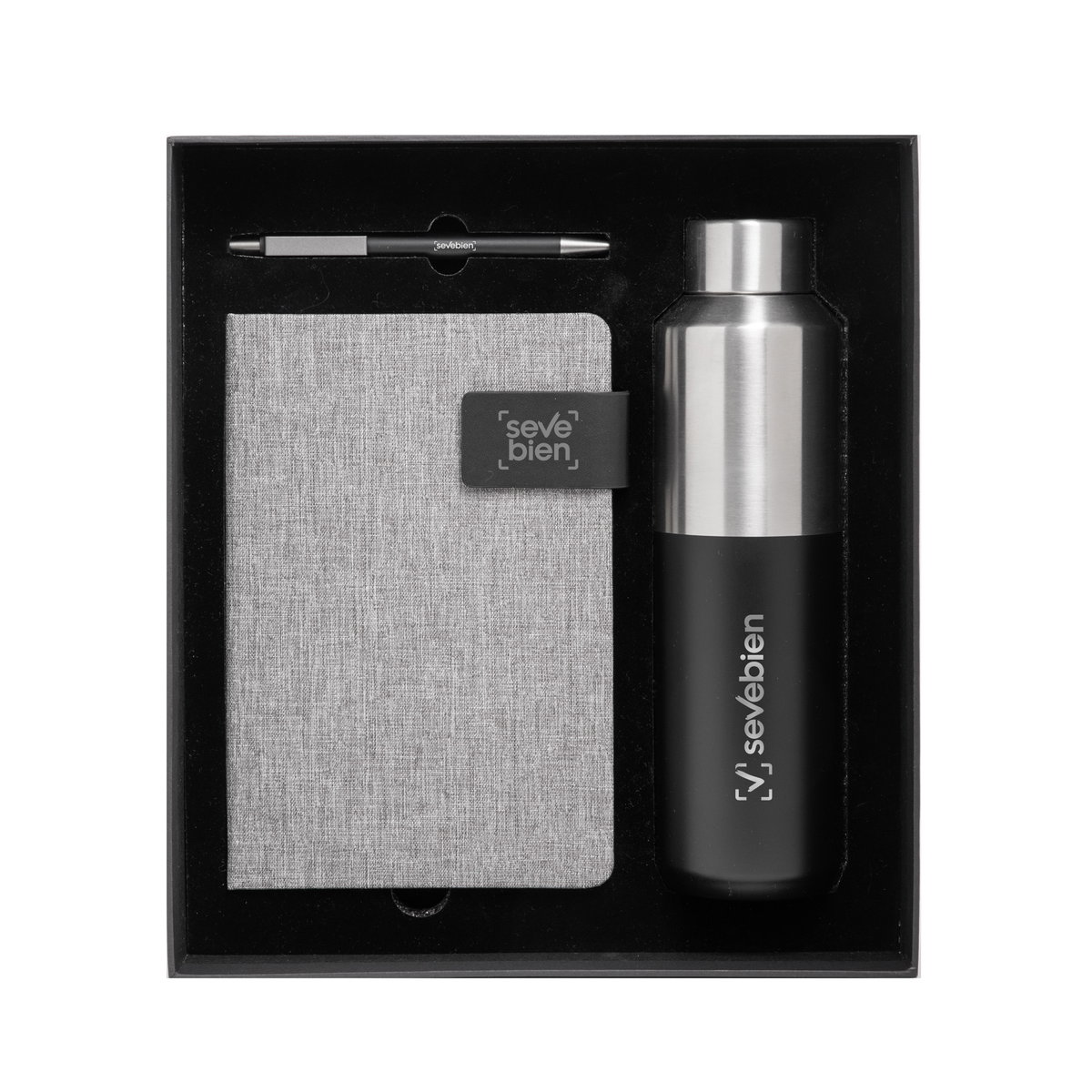 Set con libreta gris, termo de acero y bolígrafo en caja.