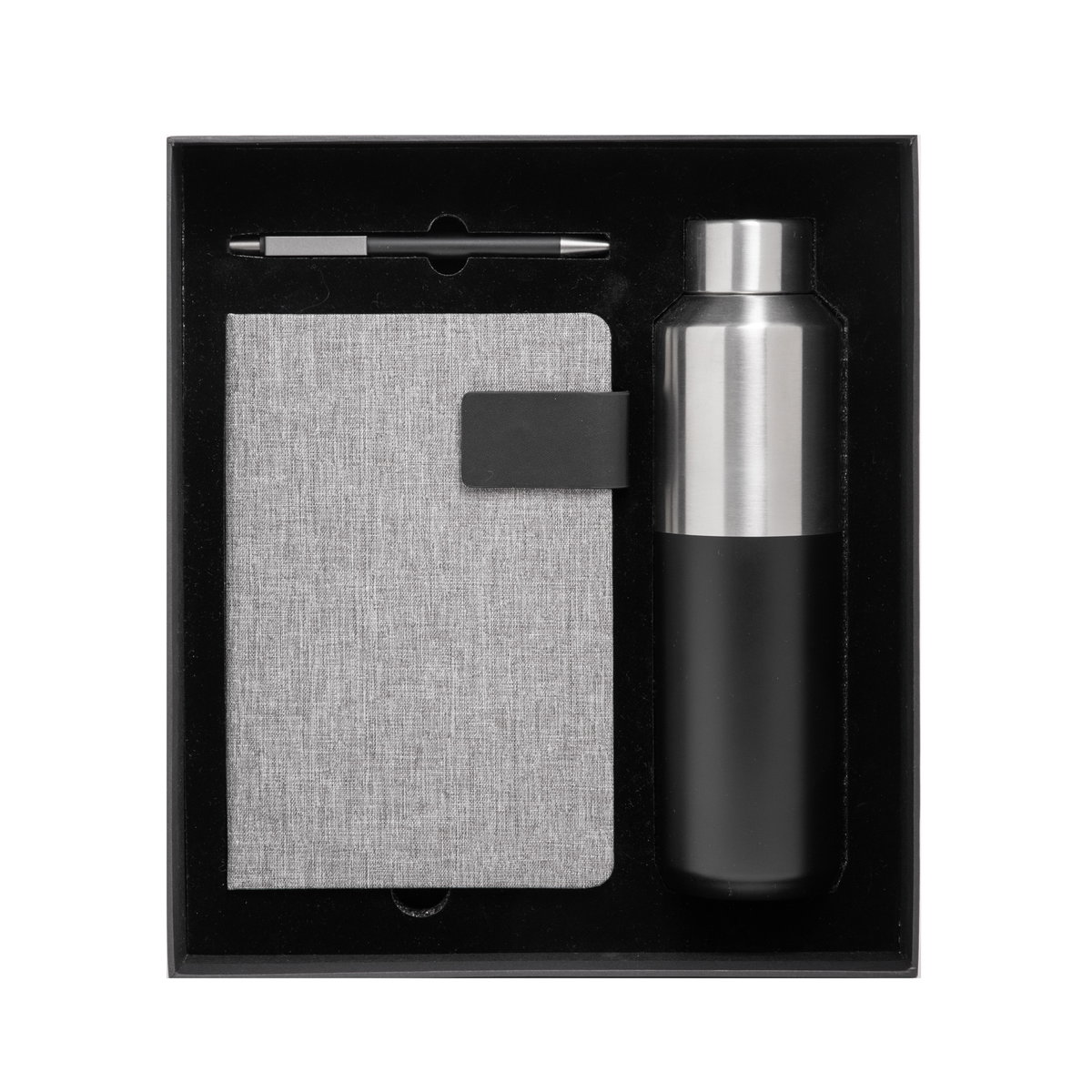 Set que incluye libreta gris, termo negro y bolígrafo en caja.