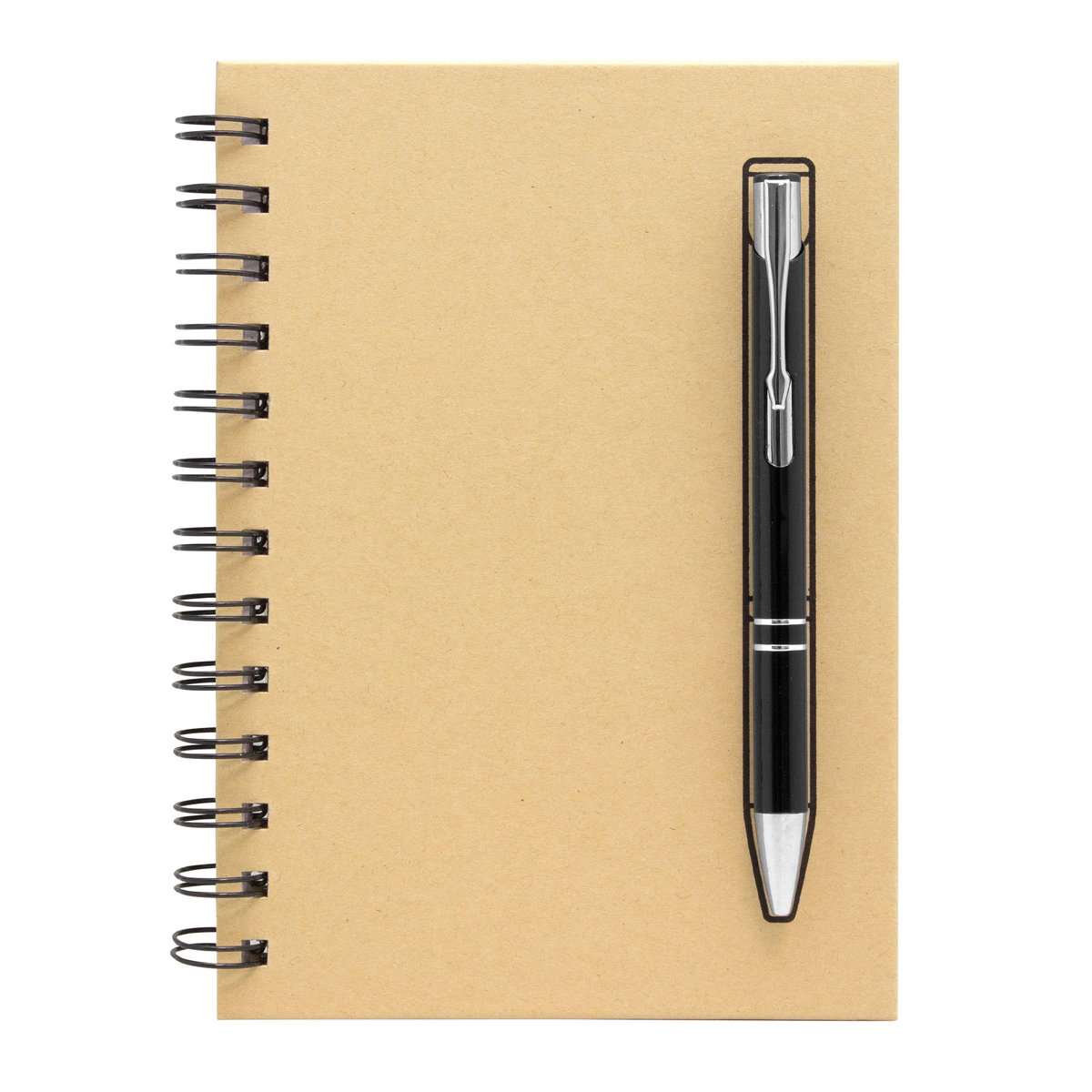 Libreta de espiral y bolígrafo negro sobre fondo blanco.