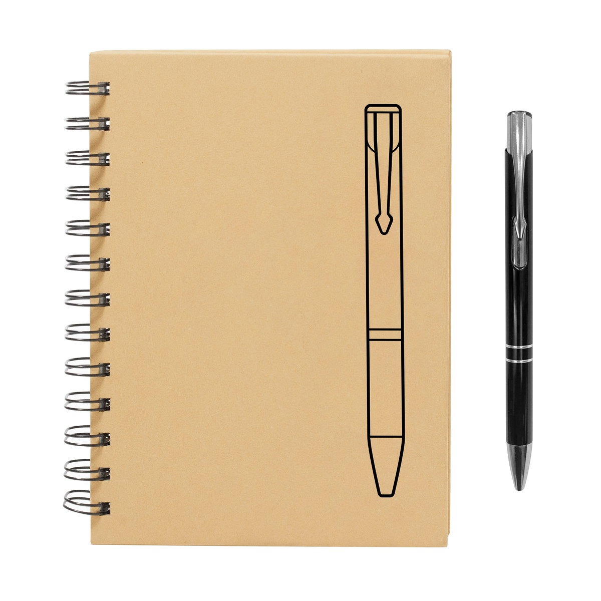 Libreta con diseño esquemático del bolígrafo al lado.