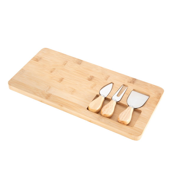 Tabla De Quesos Cheddar bambú 3 utensilios personalizado con logo empresa - Merchandising corporativo Chile