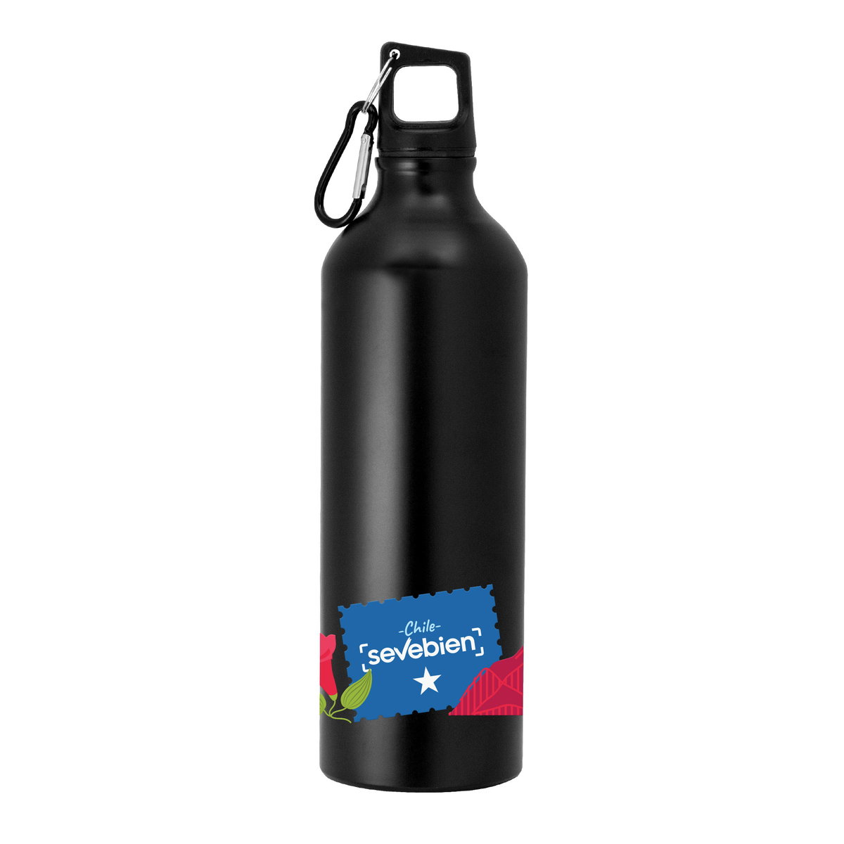 Botella negra decorada con un diseño colorido y texto.