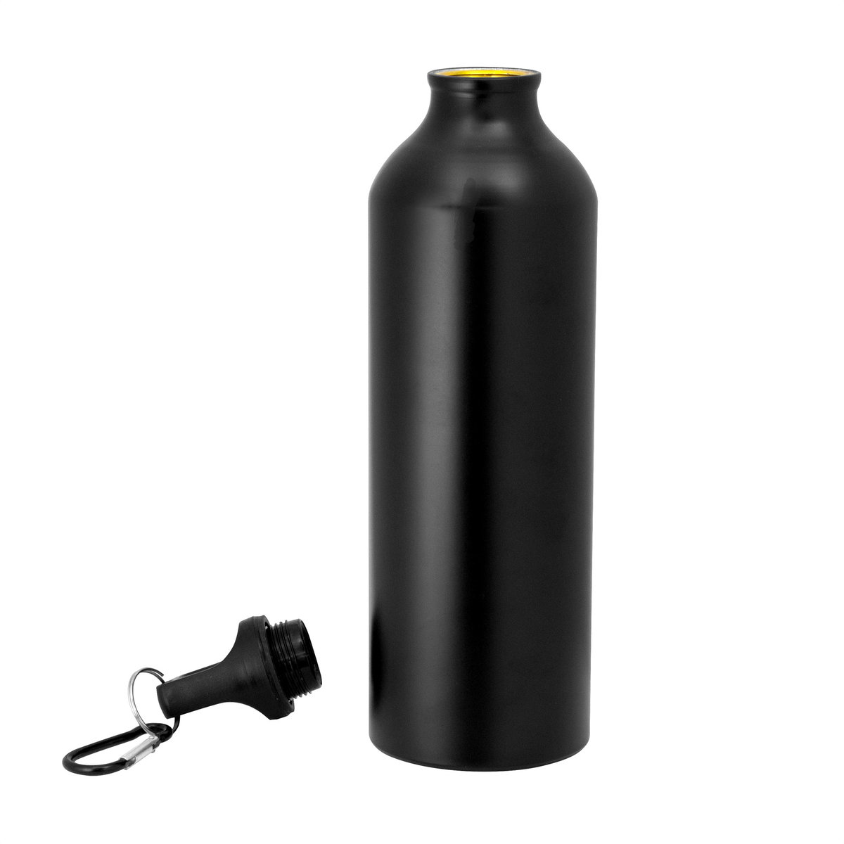 Cierre de la botella negra mostrando la tapa y anillo.