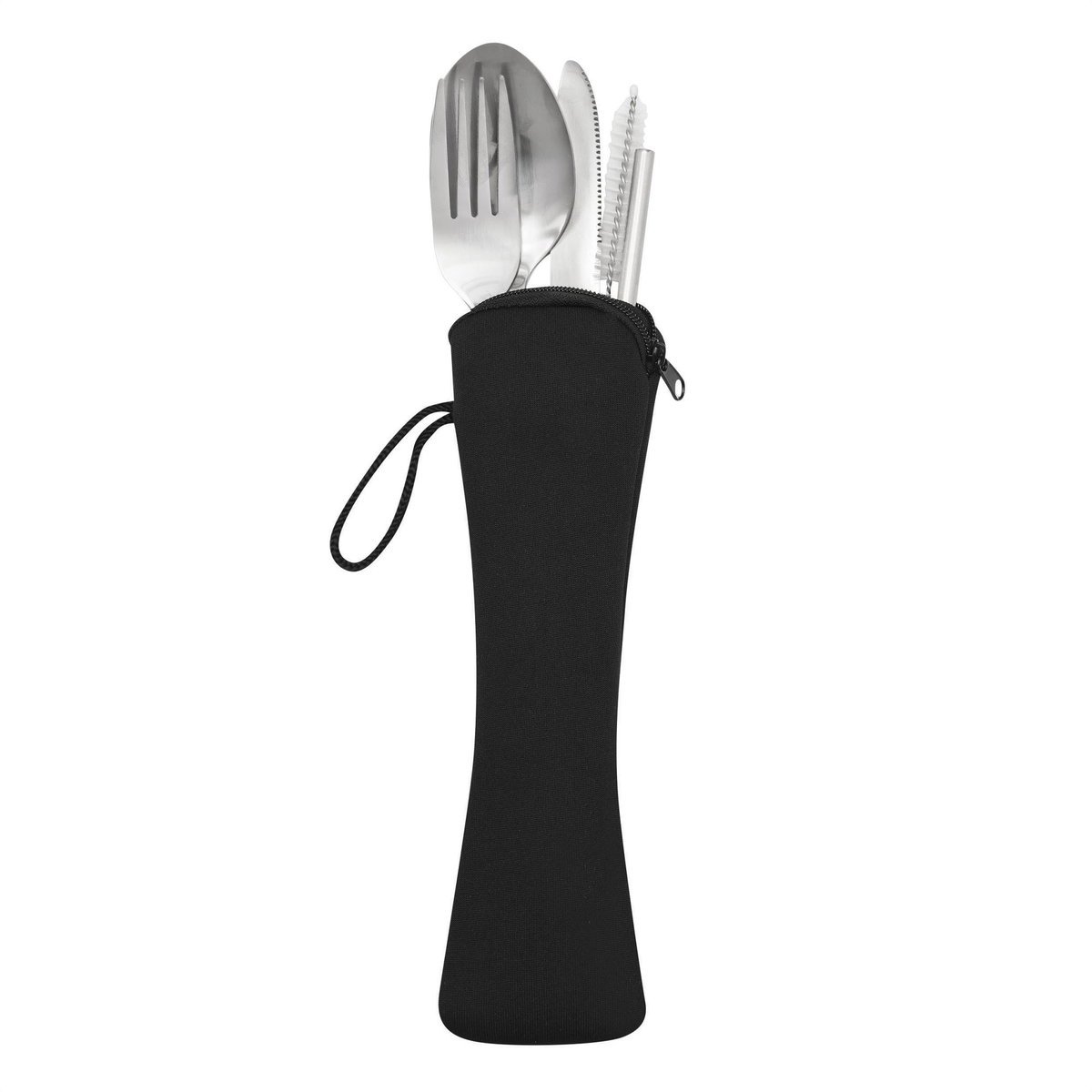 Estuche negro con cubiertos visibles, perfecto para llevar.